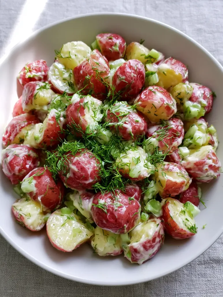 Salt and Vinegar Potato Salad: The Tangiest Red Potato Salad Recipe 1 Top-down view of Salt and Vinegar Potato Salad with fresh green dill fronds and diced celery in a white bowl.