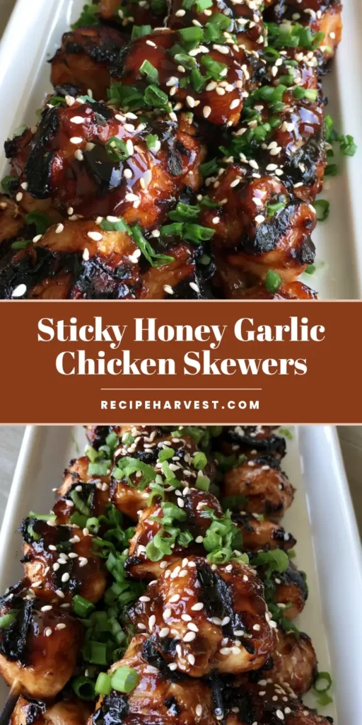 Honey Garlic Chicken Skewers: The Ultimate Sticky Grilled Dinner 4 A stack of glistening Honey Garlic Chicken Skewers on a white plate garnished with green onions and sesame seeds.