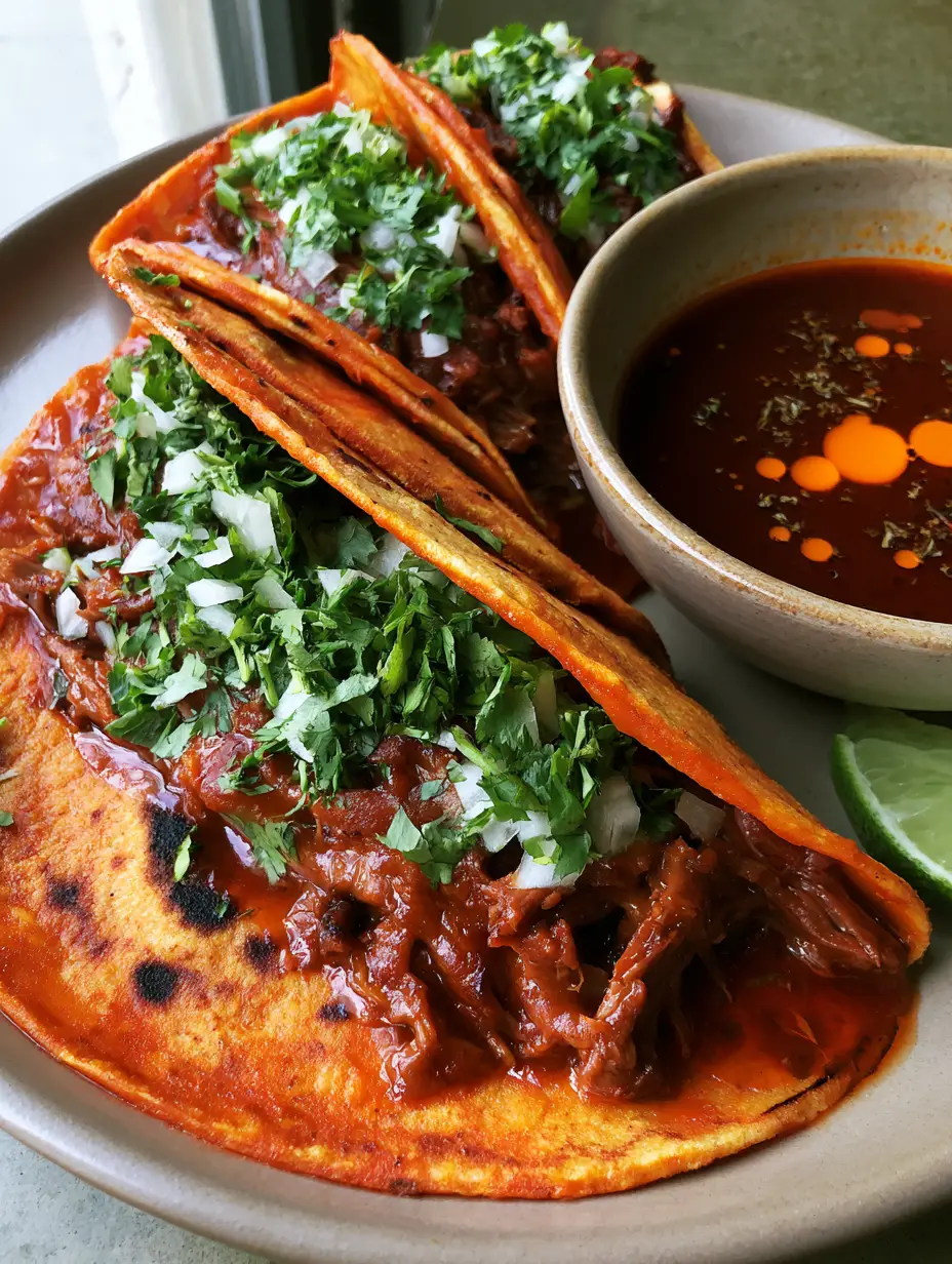 Slow Cooker Birria Tacos: The Ultimate Juicy Beef Consommé Recipe 4 Close-up of three birria tacos resting on a plate with charred edges and juicy shredded beef. (Slow Cooker Birria Tacos)