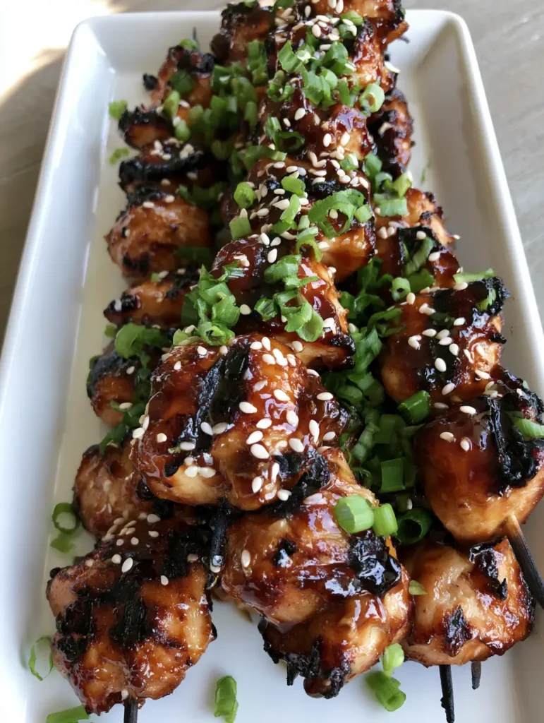 Top-down view of Honey Garlic Chicken Skewers with dark grill marks and thick amber glaze.