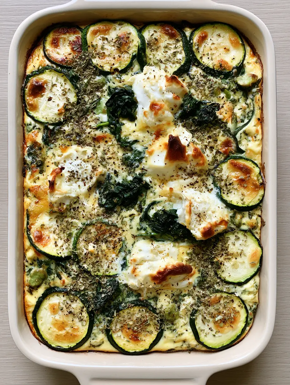 Close up of baked Zucchini Spinach Feta Casserole showing the overlapping zucchini rounds and golden egg binder.