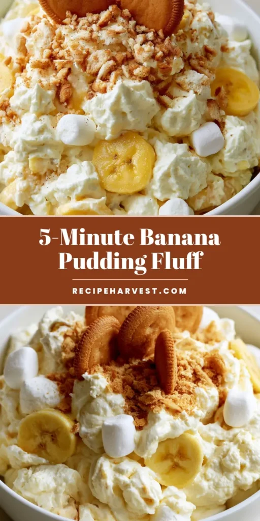 Banana Pudding Fluff Salad: The Ultimate No-Bake Potluck Dessert 3 A tall Pinterest pin showing a white ceramic bowl filled with thick, airy Banana Pudding Fluff Salad topped with whole vanilla wafers and crushed crumbs.