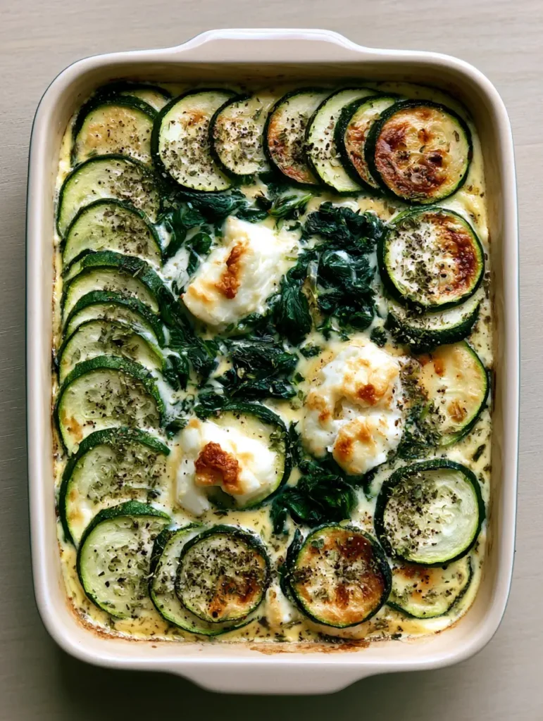 Zucchini Spinach Feta Casserole garnished with dried oregano and black pepper on a light wood surface.