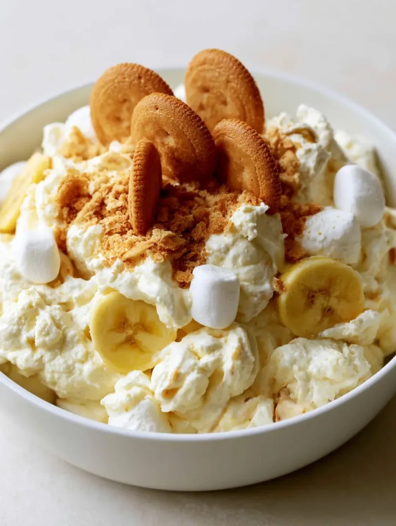 Close-up shot of Banana Pudding Fluff Salad in a white bowl showing the creamy mousse texture and mini white marshmallows.