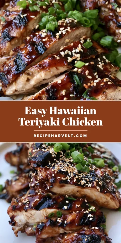 Hawaiian Teriyaki Chicken: The Ultimate Sticky Grilled Thighs 3 Sliced Hawaiian Teriyaki Chicken on a white plate with thick glossy glaze, sesame seeds, and green onions.