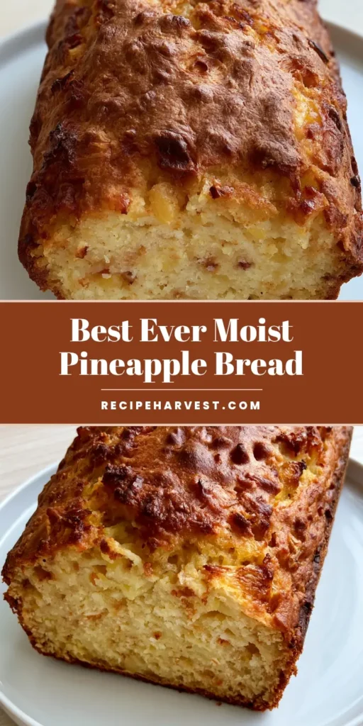 Pineapple Bread: The Ultimate Moist and Golden Tropical Loaf 4 A tall Pinterest pin showing a golden-brown Pineapple Bread loaf on a white plate with text overlay highlighting the moist crumb.
