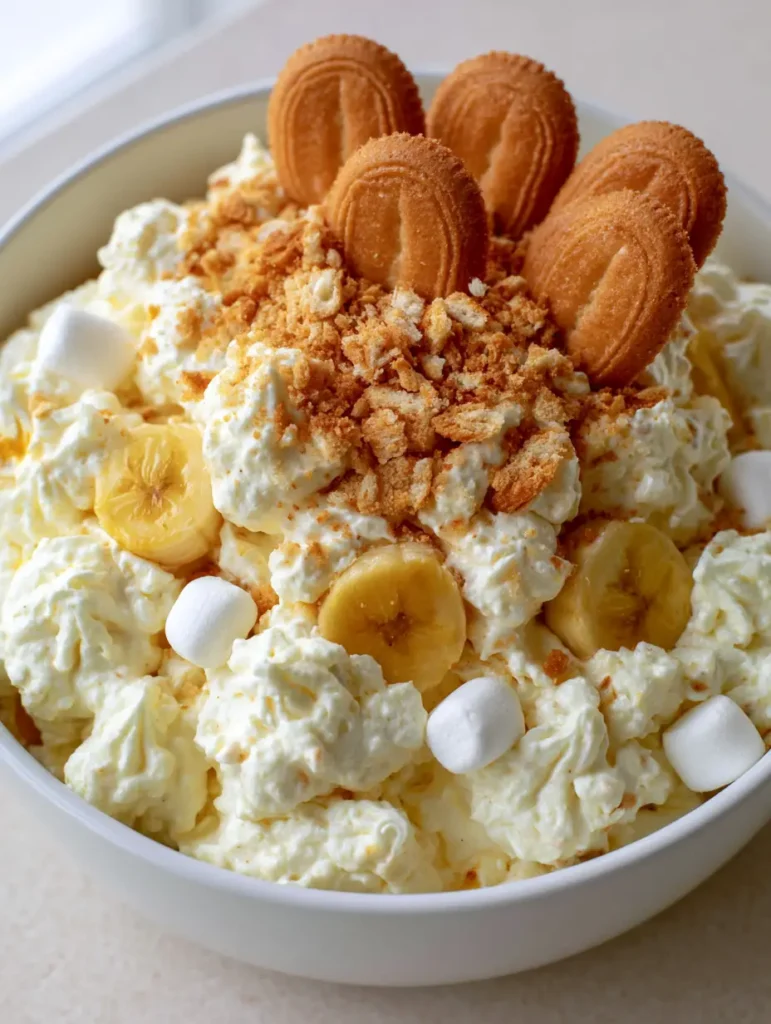 Banana Pudding Fluff Salad: The Ultimate No-Bake Potluck Dessert 1 A high-angle photo of Banana Pudding Fluff Salad garnished with standing vanilla wafers and crushed wafer crumbs.