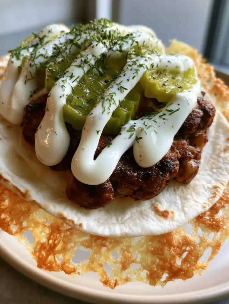 Handheld smartphone photo of a Dill Pickle Ranch Smash Chicken Taco over a neutral plate featuring a thin seared chicken patty and ranch zigzag.