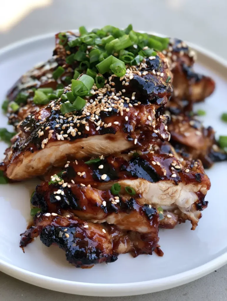 Hawaiian Teriyaki Chicken: The Ultimate Sticky Grilled Thighs 2 Close up of grilled Hawaiian Teriyaki Chicken showing succulent interior and dark mahogany glaze.