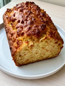 A rectangular loaf of golden-brown Pineapple Bread resting on a white ceramic plate with a pale yellow moist crumb. (Pineapple Bread)