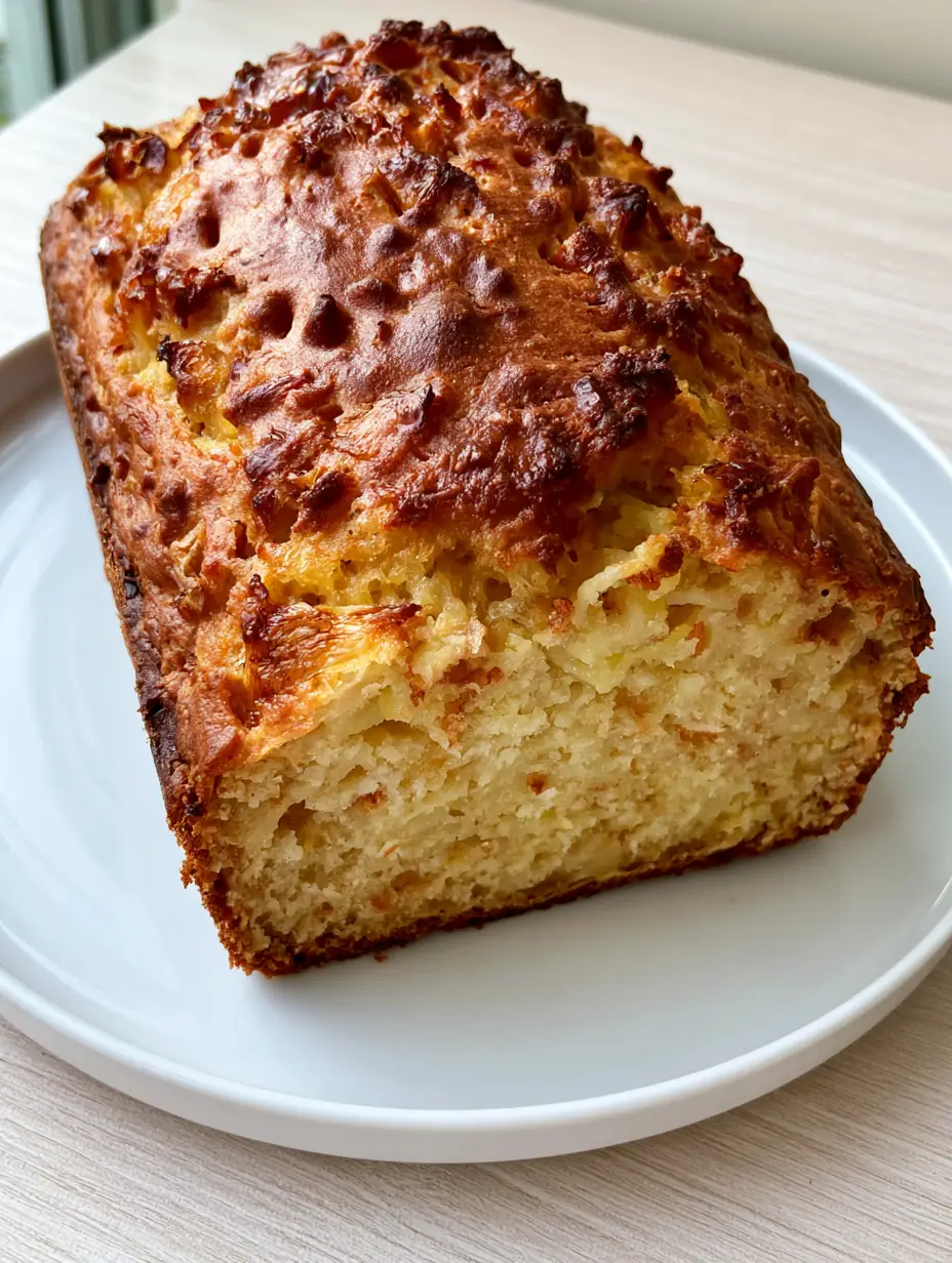 Pineapple Bread: The Ultimate Moist and Golden Tropical Loaf 3 A rectangular loaf of golden-brown Pineapple Bread resting on a white ceramic plate with a pale yellow moist crumb. (Pineapple Bread)