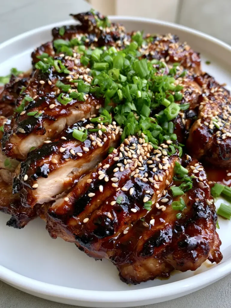 Hawaiian Teriyaki Chicken: The Ultimate Sticky Grilled Thighs 1 Top view of Hawaiian Teriyaki Chicken with charred grill marks and green onion garnish.