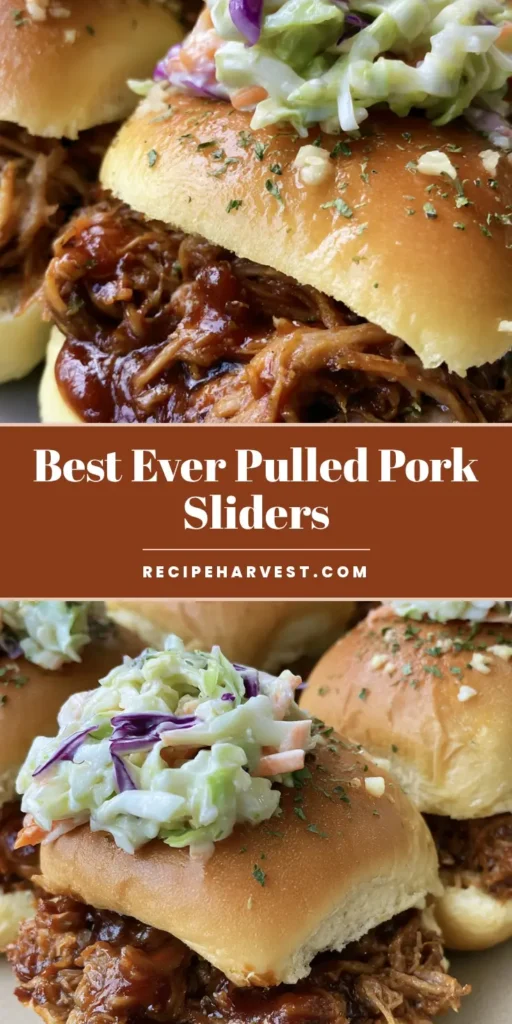 Pulled Pork Sliders with Creamy Coleslaw and Garlic Herb Butter 4 A close-up vertical shot of golden Pulled Pork Sliders topped with vibrant purple and green coleslaw on a neutral background.