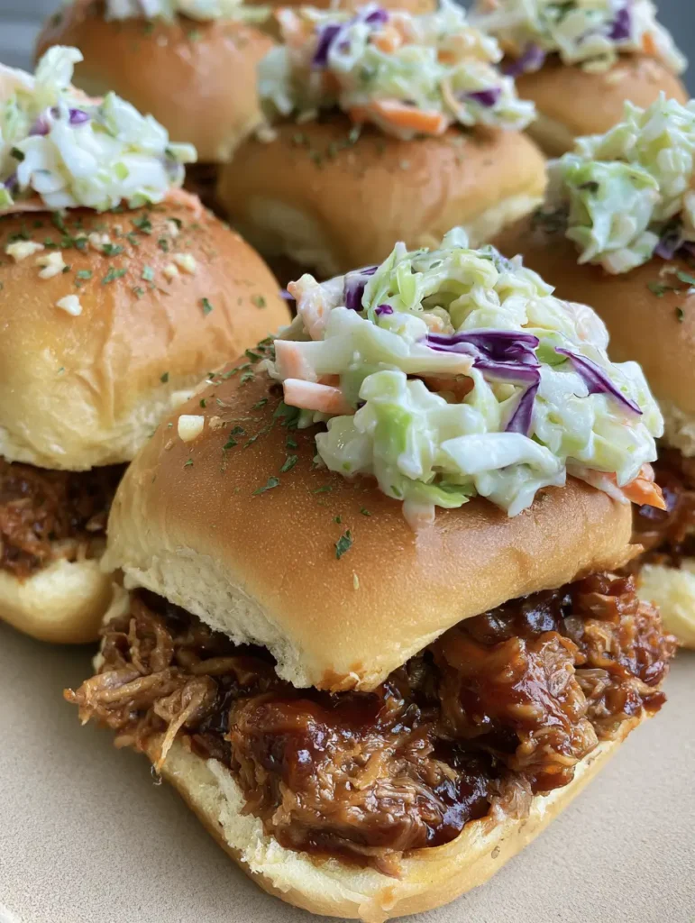 Pulled Pork Sliders with Creamy Coleslaw and Garlic Herb Butter 2 A handheld smartphone photo showing a batch of Pulled Pork Sliders on Hawaiian rolls with melted garlic herb butter and parsley.