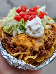 Close up shot of a walking taco with seasoned beef and melted orange cheddar. (Vacation Meal Ideas)