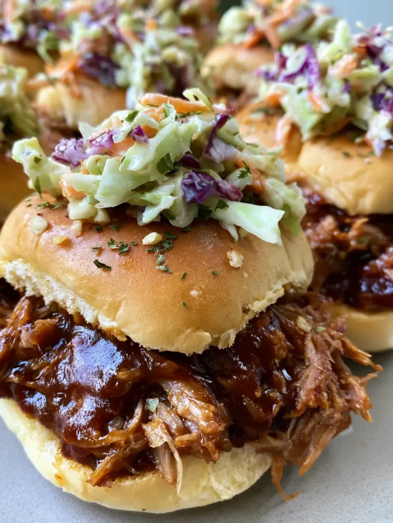 Pulled Pork Sliders with Creamy Coleslaw and Garlic Herb Butter 1 Detailed view of the shredded pulled pork filling with a rich BBQ glaze inside a slider bun.
