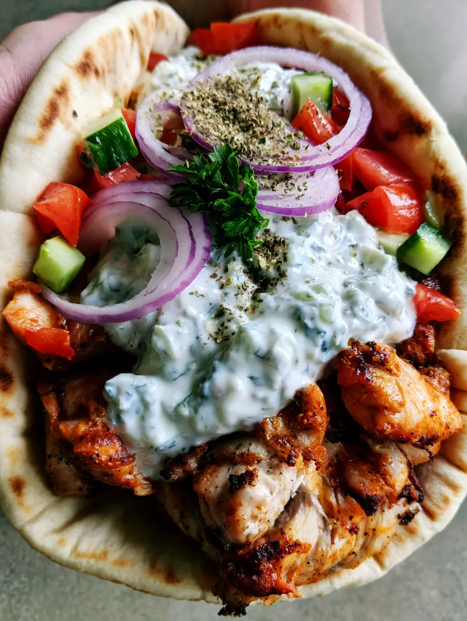Handheld photo of Greek Chicken Gyros with golden-brown chicken and vibrant red tomatoes.
