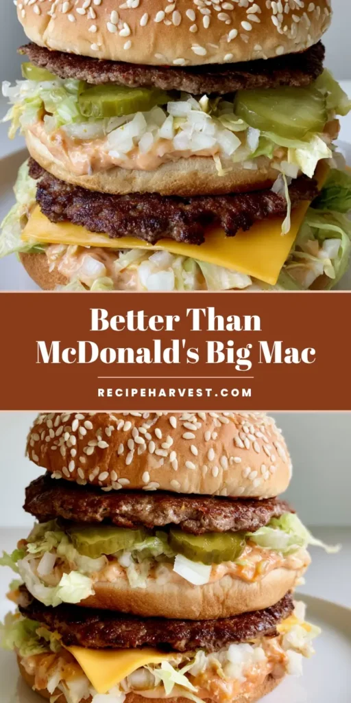 Homemade Big Mac Recipe: The Ultimate Triple-Decker Burger Guide 4 A towering triple-decker Homemade Big Mac Recipe with two beef patties, melted cheese, and shredded lettuce on a white plate.