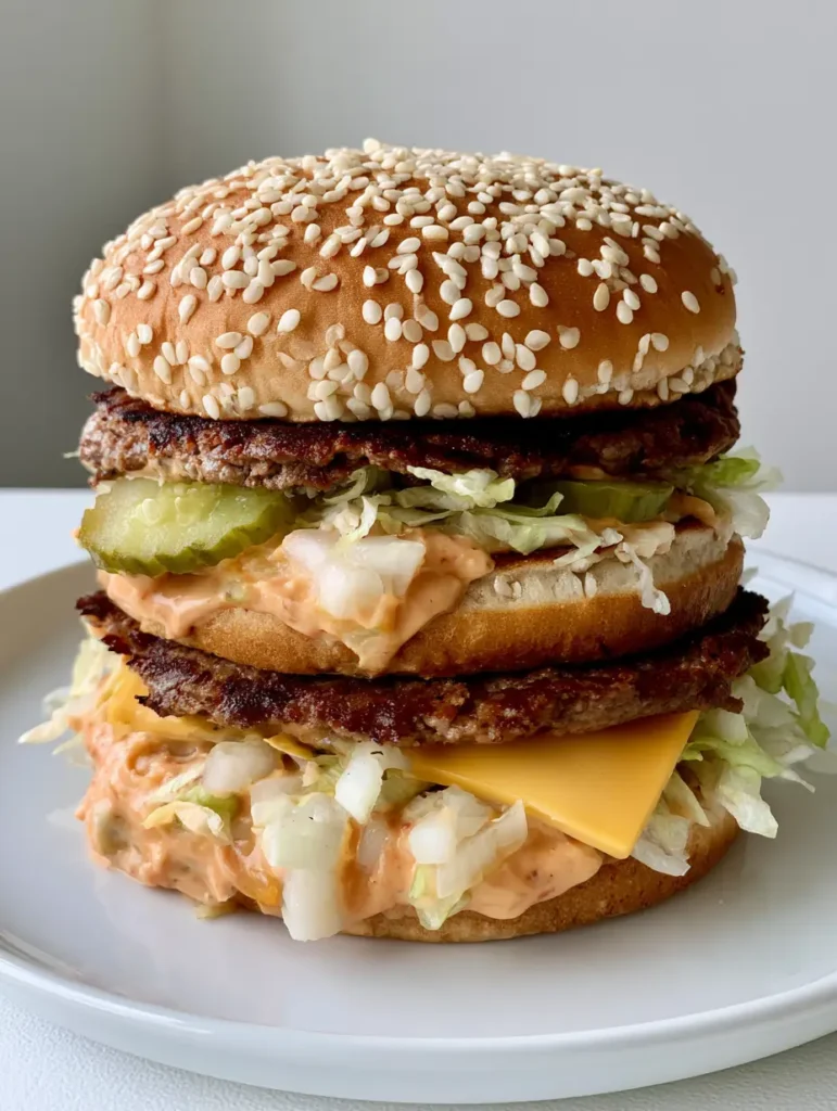 Homemade Big Mac Recipe: The Ultimate Triple-Decker Burger Guide 1 A high-angle shot showing the sesame seed bun and layers of the Homemade Big Mac Recipe.