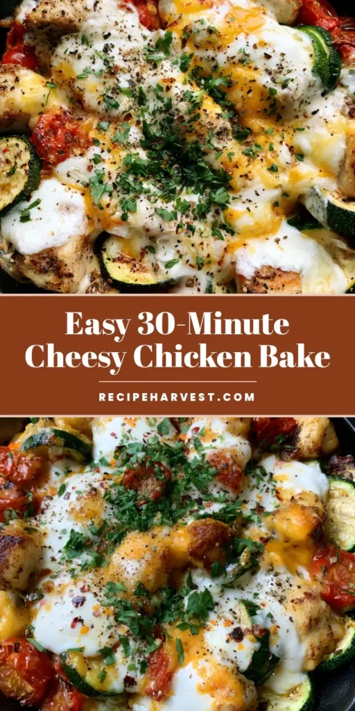 A top-down view of a Chicken Zucchini Bake in a black skillet featuring seared chicken chunks, charred zucchini, blistered tomatoes, and melted cheese topped with parsley.