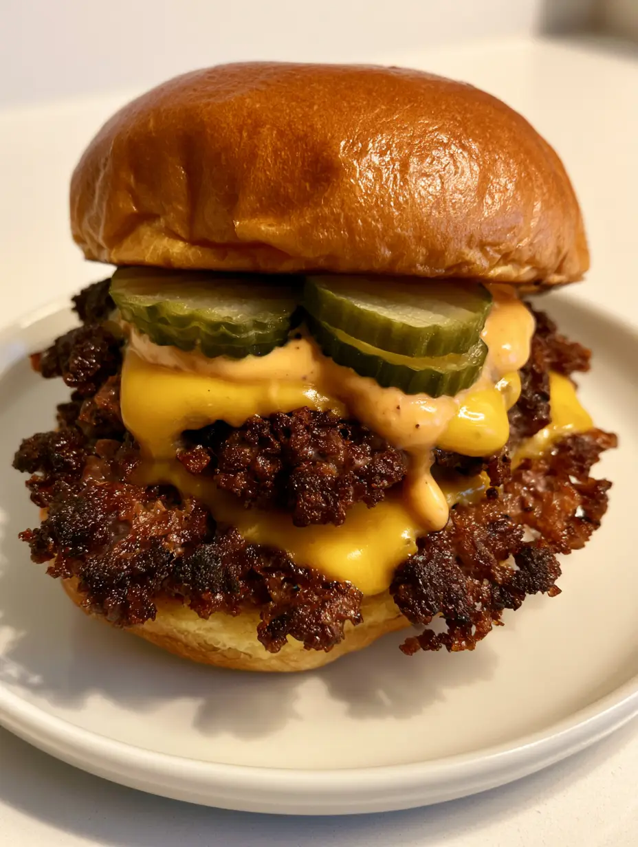 Close up of a Smash Burger on a white plate showing textured beef patties and gooey cheese.