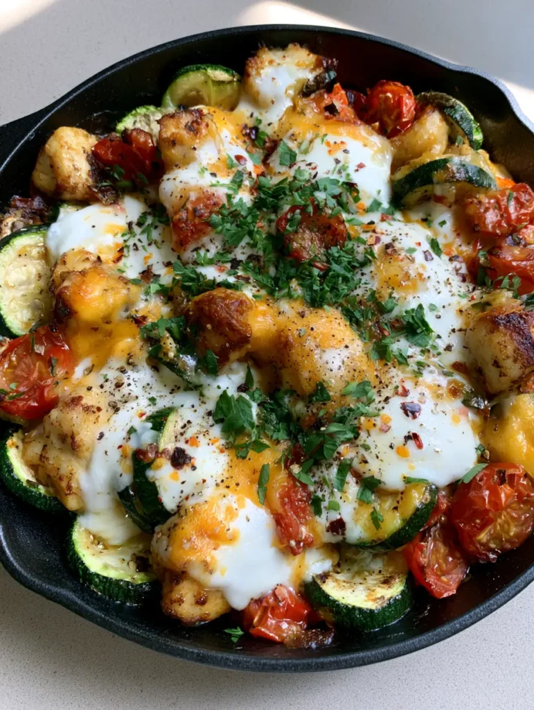 Close up photo of seared chicken breast chunks and charred zucchini slices in a Chicken Zucchini Bake.
