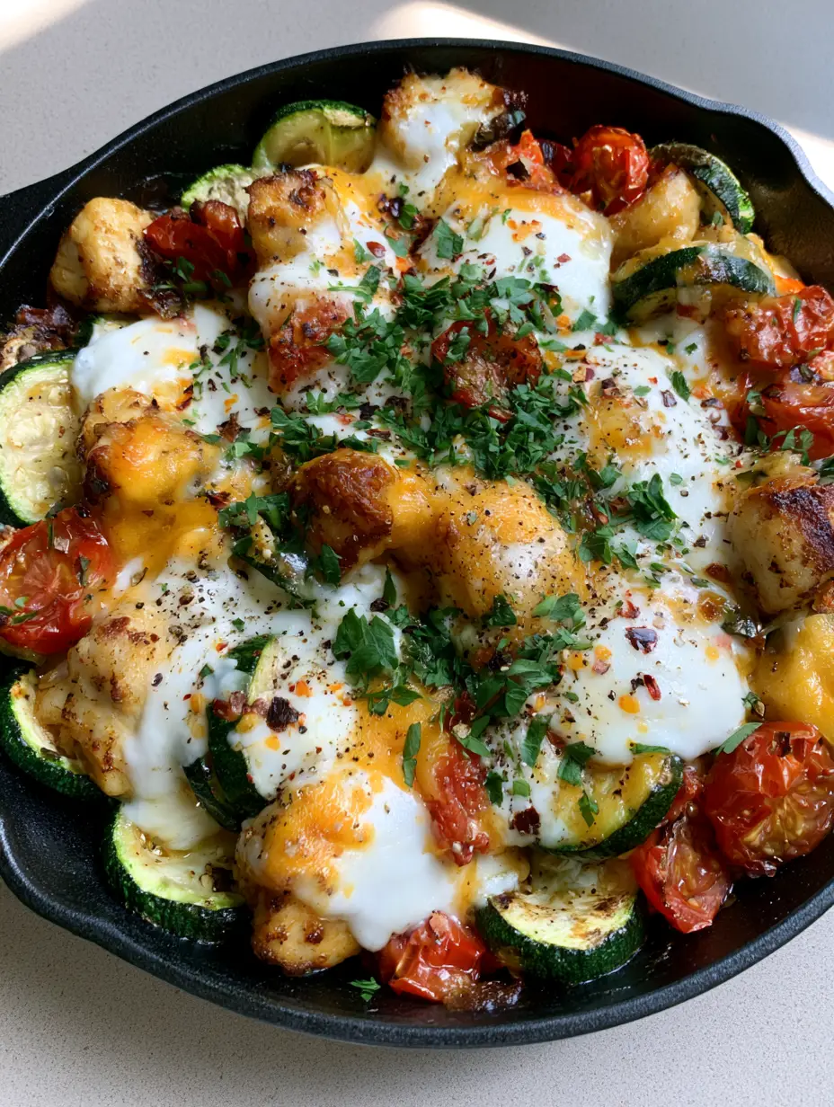 Close up photo of seared chicken breast chunks and charred zucchini slices in a Chicken Zucchini Bake.