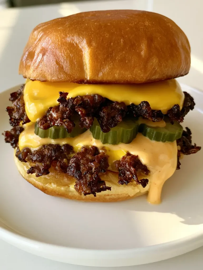 Smash Burger assembly with four green dill pickles and dripping orange sauce.