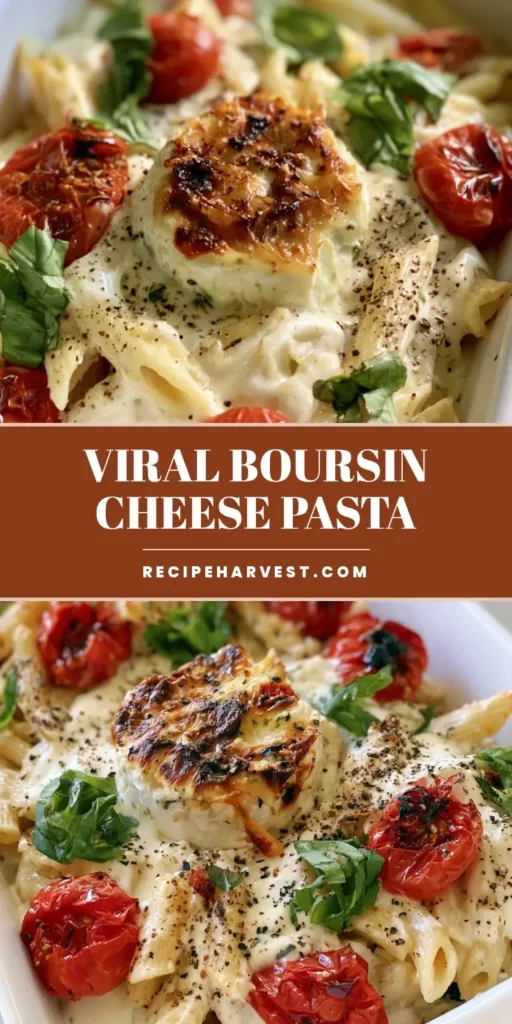 A vertical photo of Boursin Cheese Pasta in a white ceramic dish with blistered cherry tomatoes, melted charred cheese, and fresh basil. (Boursin Cheese Pasta)
