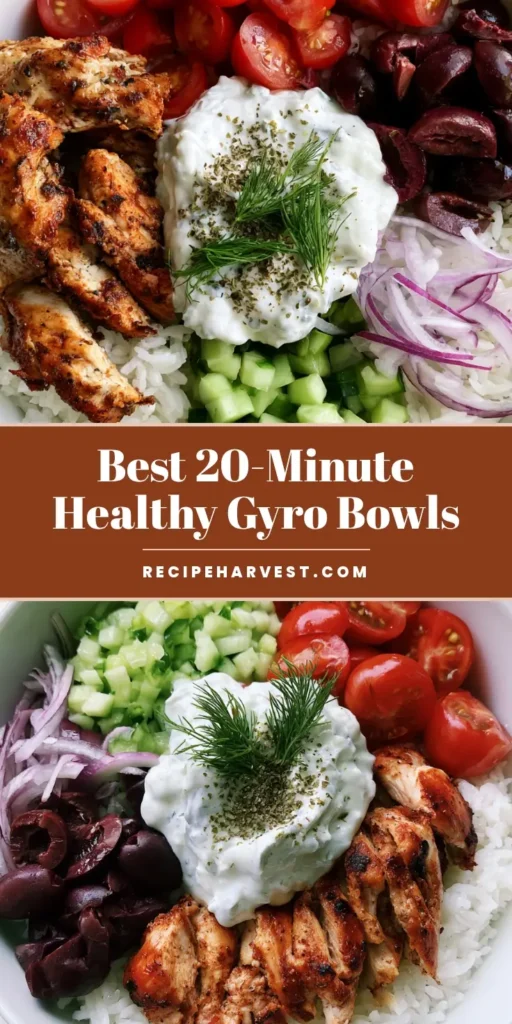 A vibrant Mediterranean Chicken Gyro Bowl with charred chicken strips, jasmine rice, fresh cucumbers, and tzatziki sauce. (Chicken Gyro Bowls)
