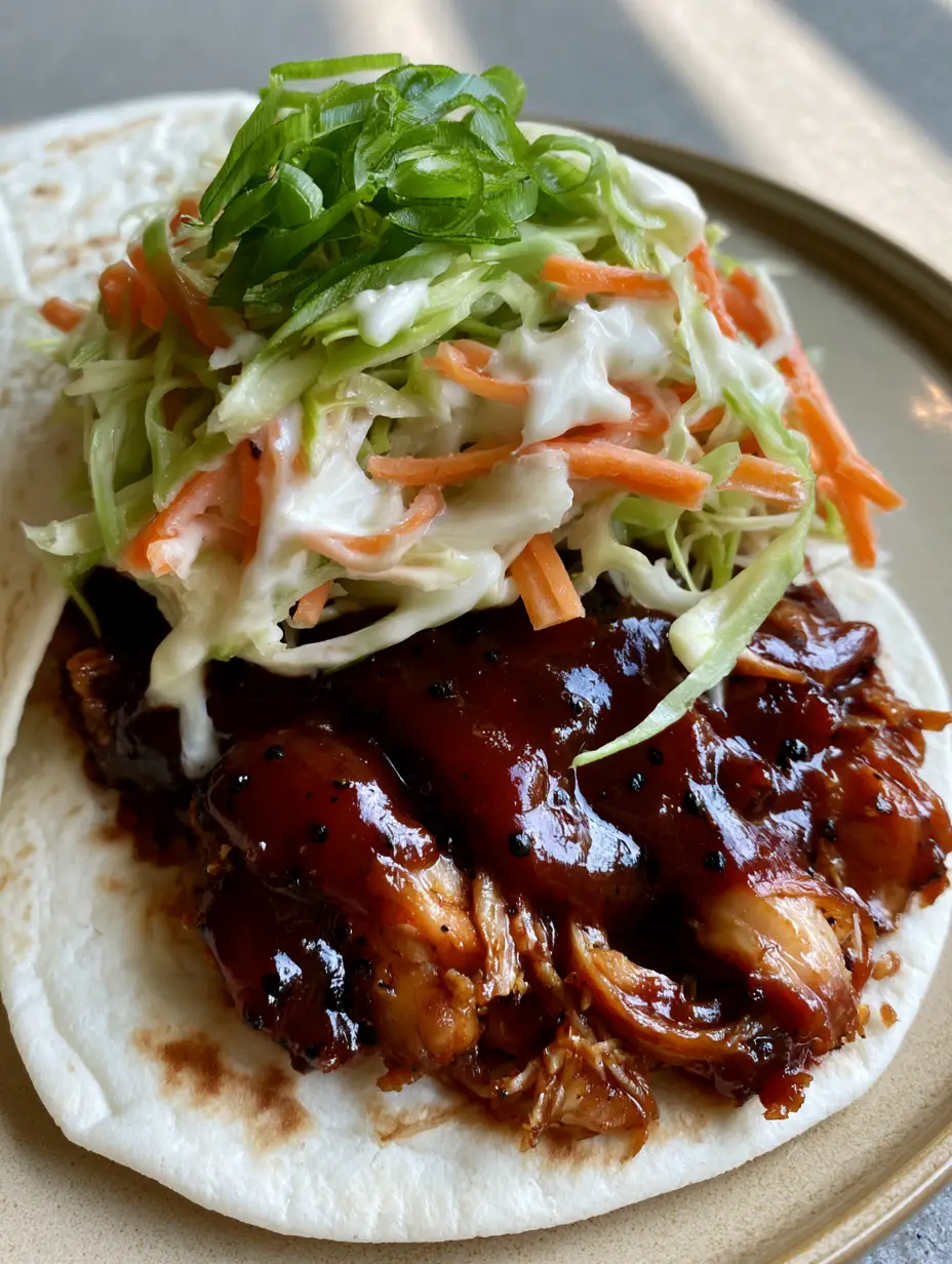 BBQ Chicken Coleslaw Wraps: The Ultimate Crunchy & Tangy 15-Minute Meal 4 Close up of a BBQ Chicken Coleslaw Wrap showing the textures of shredded chicken and julienned carrots. (BBQ Chicken Coleslaw Wraps)