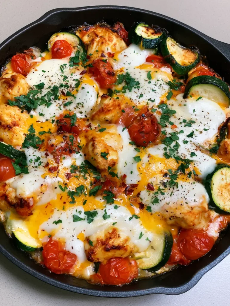 A bubbling pan of Chicken Zucchini Bake with melted white mozzarella and yellow cheddar cheese.