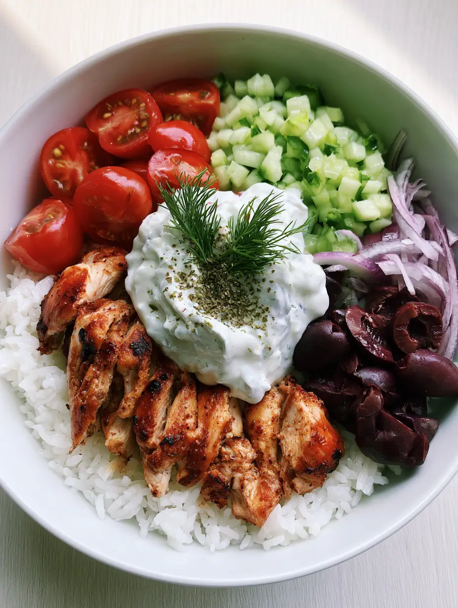 High-angle shot of a Mediterranean chicken gyro bowl with jasmine rice and distinct vegetable sections. (Chicken Gyro Bowls)