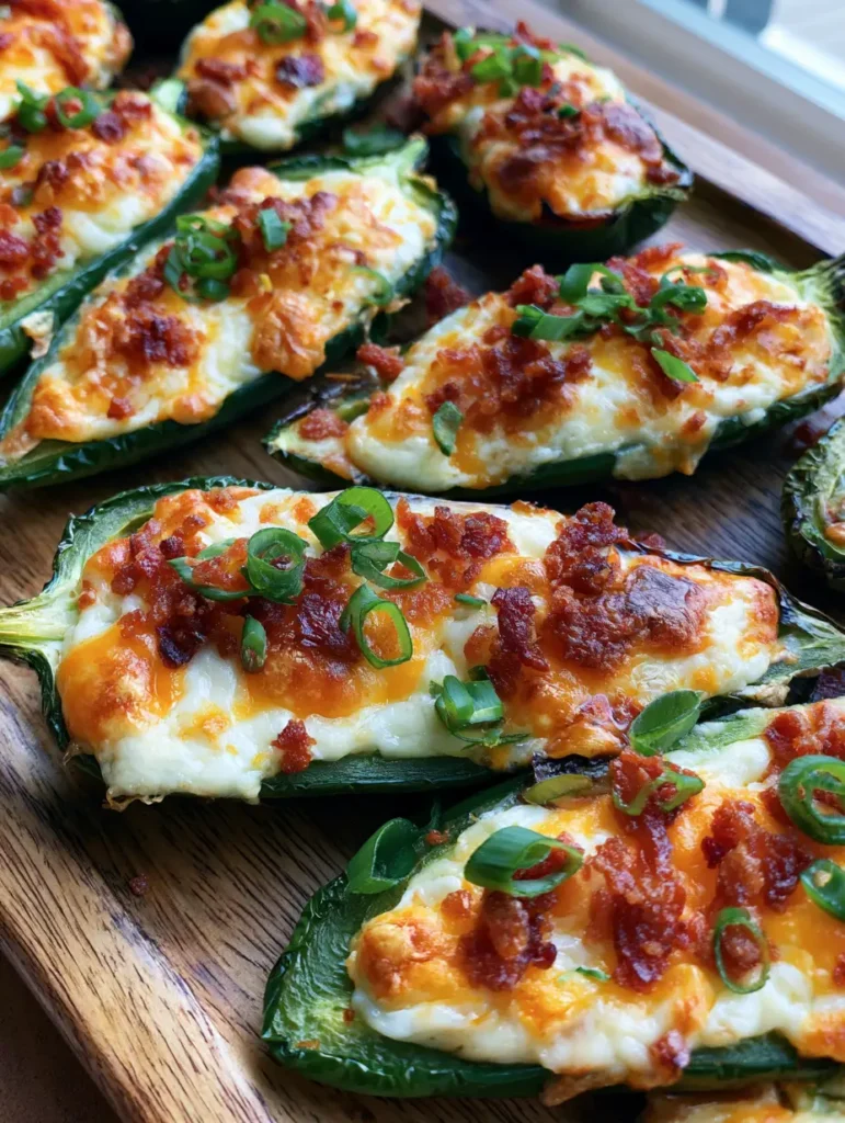Jalapeno Poppers with Melted Cheese and Crispy Bacon 1 Sizzling Jalapeno Poppers on a rustic board, highlighting the blistered pepper skins and fresh green scallion garnish.