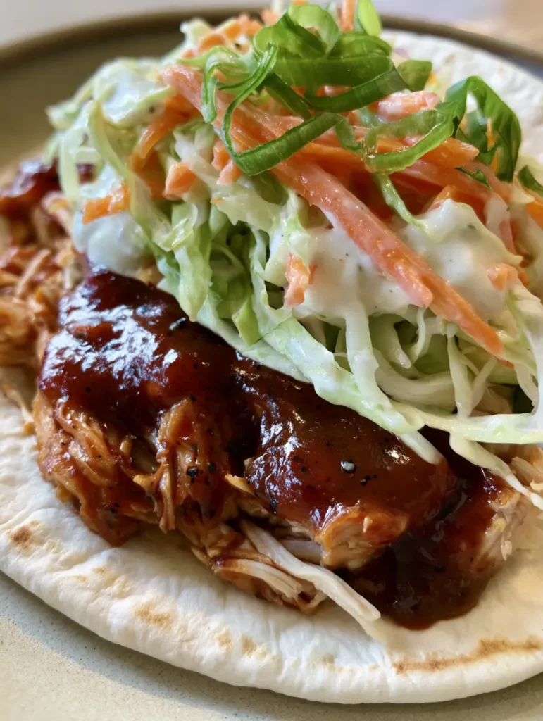 BBQ Chicken Coleslaw Wraps: The Ultimate Crunchy & Tangy 15-Minute Meal 1 A freshly assembled BBQ Chicken Coleslaw Wrap on a neutral plate with vibrant green onion garnish.