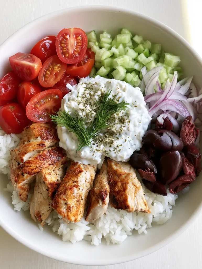 Close up of charred chicken strips and creamy tzatziki in a Mediterranean bowl.