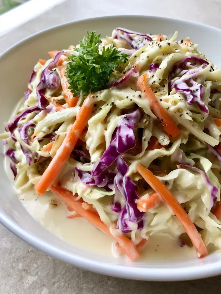 A top-down view of a white ceramic bowl filled with Homemade Coleslaw Recipe showing glossy white dressing and cracked black pepper.
