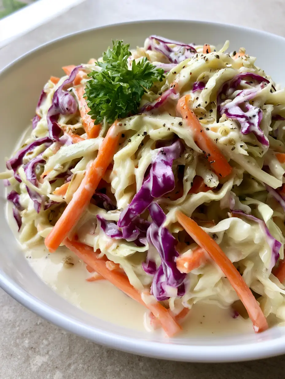 Homemade Coleslaw Recipe: The Ultimate Creamy and Crunchy Side Dish 4 A top-down view of a white ceramic bowl filled with Homemade Coleslaw Recipe showing glossy white dressing and cracked black pepper.
