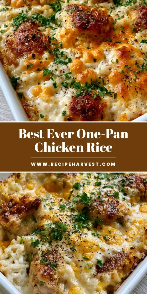 A creamy One-Pan Chicken and Rice Bake in a white ceramic dish with seared chicken thighs, melted cheddar bubbles, and fresh parsley garnish.