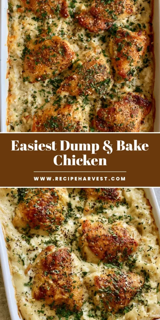 Dump and Bake Chicken and Rice: The Ultimate Creamy One-Pan Dinner 4 A top-down close-up of Dump and Bake Chicken and Rice in a white ceramic dish with seared thighs and cracked black pepper.