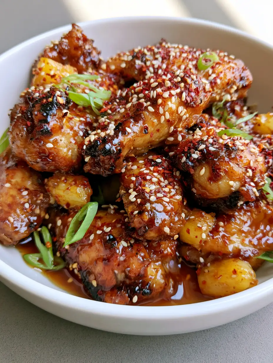 Brown Sugar Pineapple Wings: Sticky, Caramelized, and Better Than Takeout 4 Handheld photo of sticky Brown Sugar Pineapple Wings with bright green scallions and sesame seeds in a white bowl.