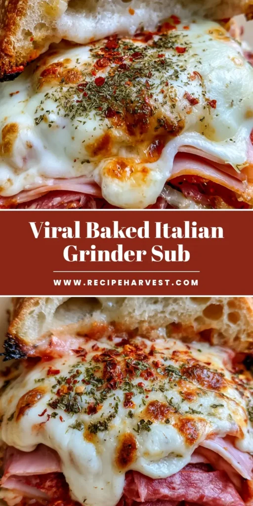 Baked Italian Grinder Sandwiches with Bubbly Mozzarella 4 A close-up of Baked Italian Grinder Sandwiches featuring melted bubbly mozzarella, pepperoni, and a golden-brown toasted crust on parchment paper.