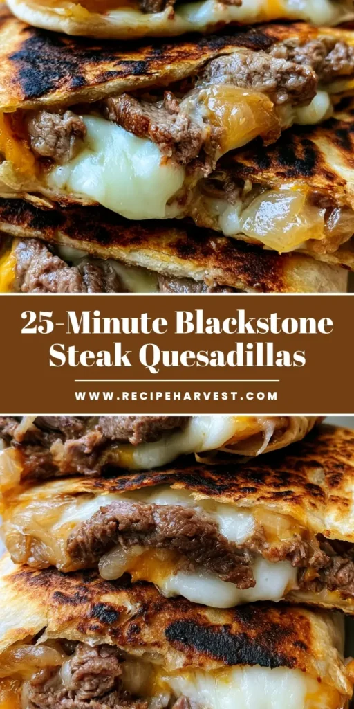 A stack of golden-brown Blackstone Steak and Cheese Quesadillas with dark griddle char marks and oozing melted cheese.