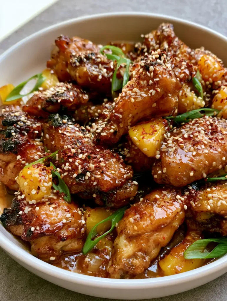 Brown Sugar Pineapple Wings: Sticky, Caramelized, and Better Than Takeout 1 Top-down view of Brown Sugar Pineapple Wings showing the heavy dusting of sesame seeds and red chili flakes.
