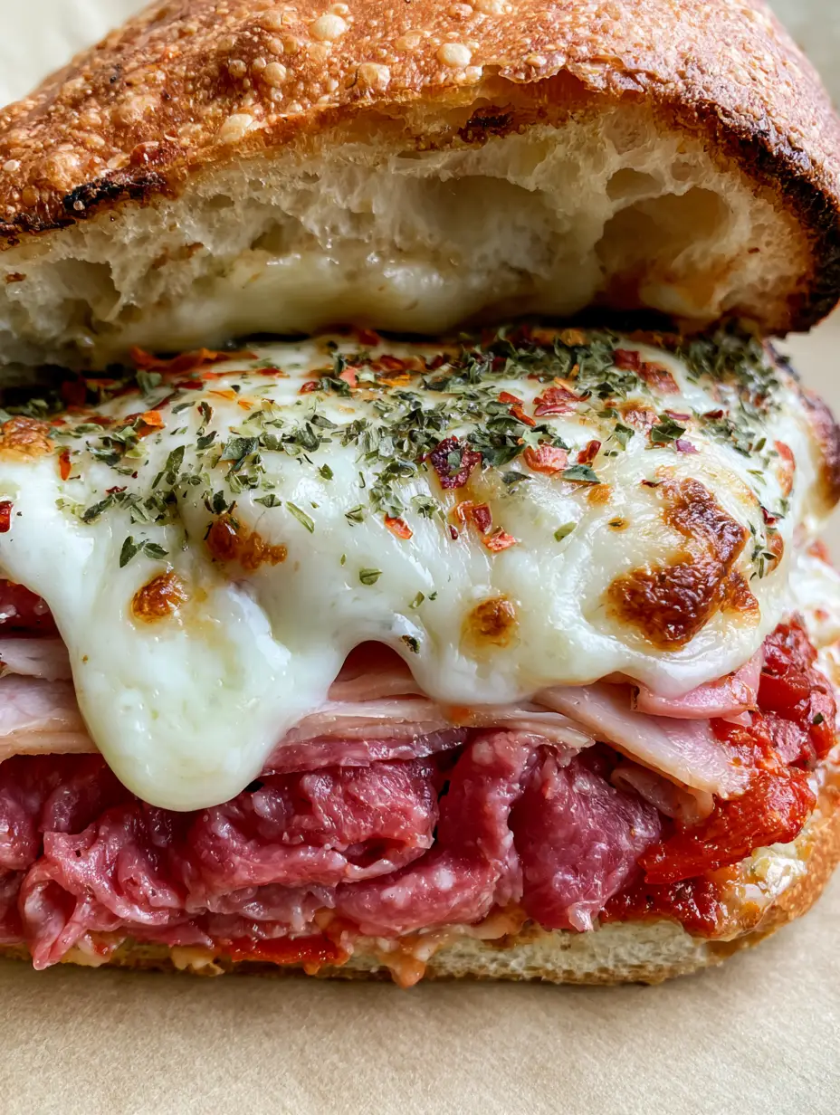 Baked Italian Grinder Sandwiches with Bubbly Mozzarella 3 Smartphone photo of Baked Italian Grinder Sandwiches showing folded genoa salami and melted mozzarella with brown spots. (Baked Italian Grinder Sandwiches)