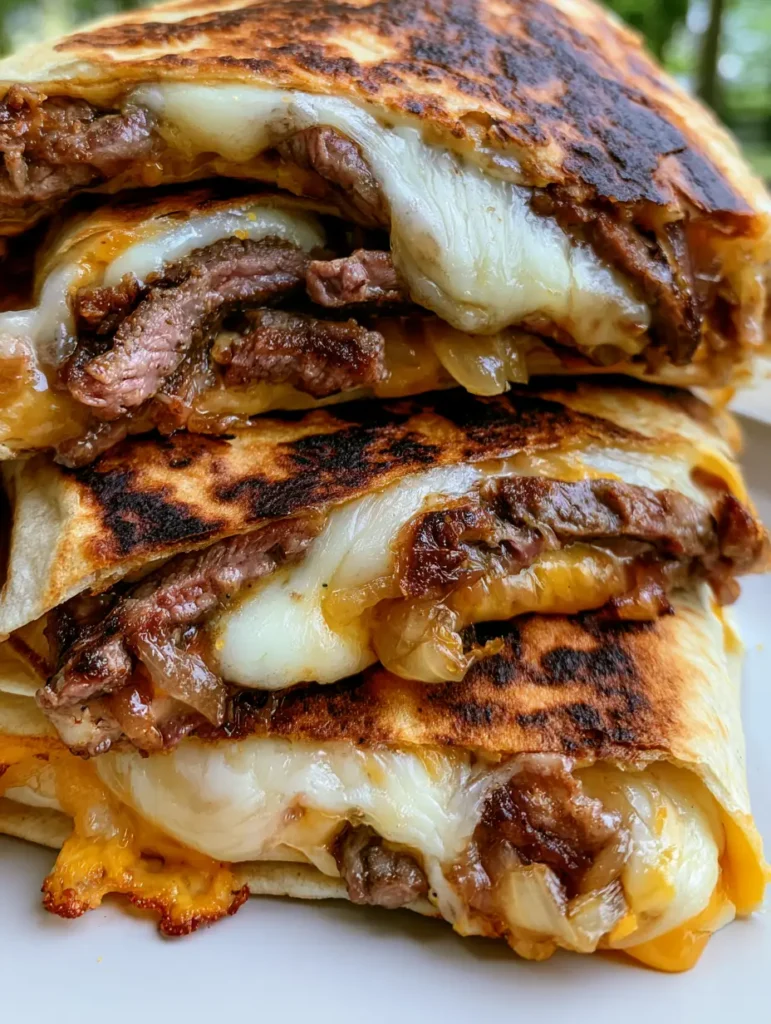 Close up handheld photo of Blackstone Steak and Cheese Quesadillas showing seared steak strips and melted Monterey Jack.