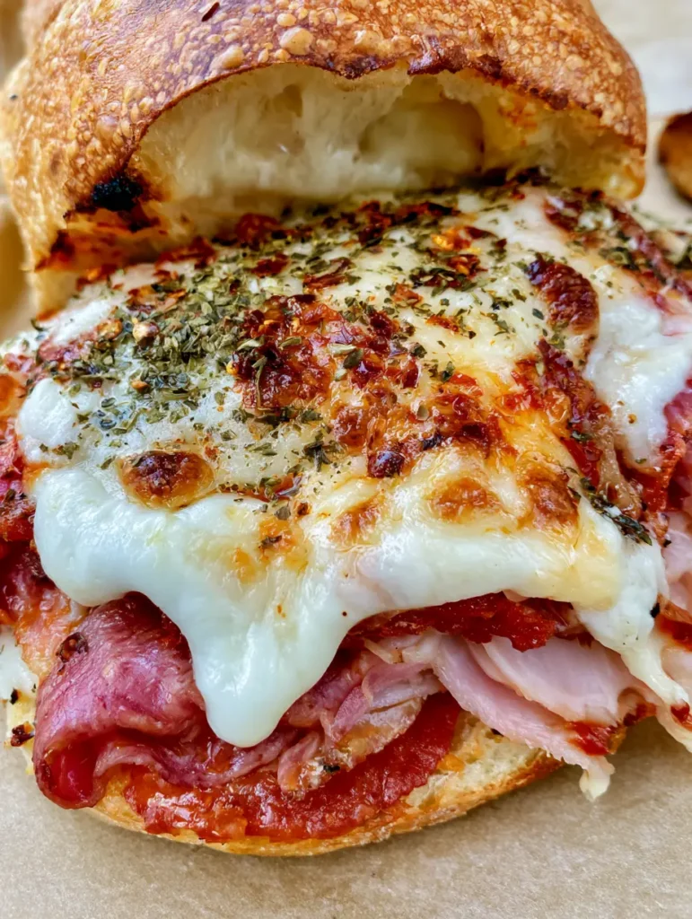 Baked Italian Grinder Sandwiches with Bubbly Mozzarella 1 Close up of the bubbly cheese and toasted sub roll crust of Baked Italian Grinder Sandwiches.