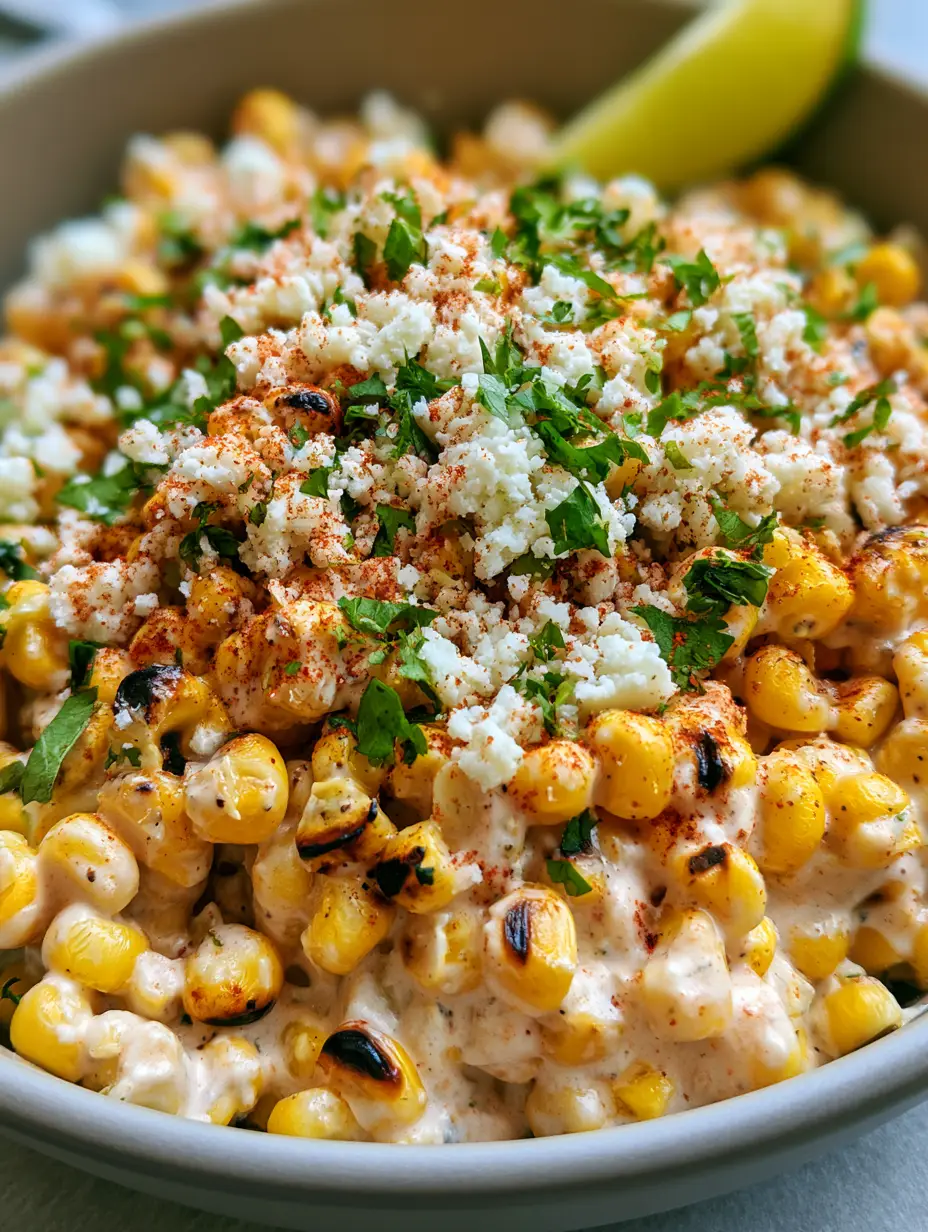 Mexican Street Corn Salad (The Ultimate Creamy & Charred Esquites) 4 Close-up of Mexican Street Corn Salad showing the dark charred edges of the corn and the creamy white sauce.