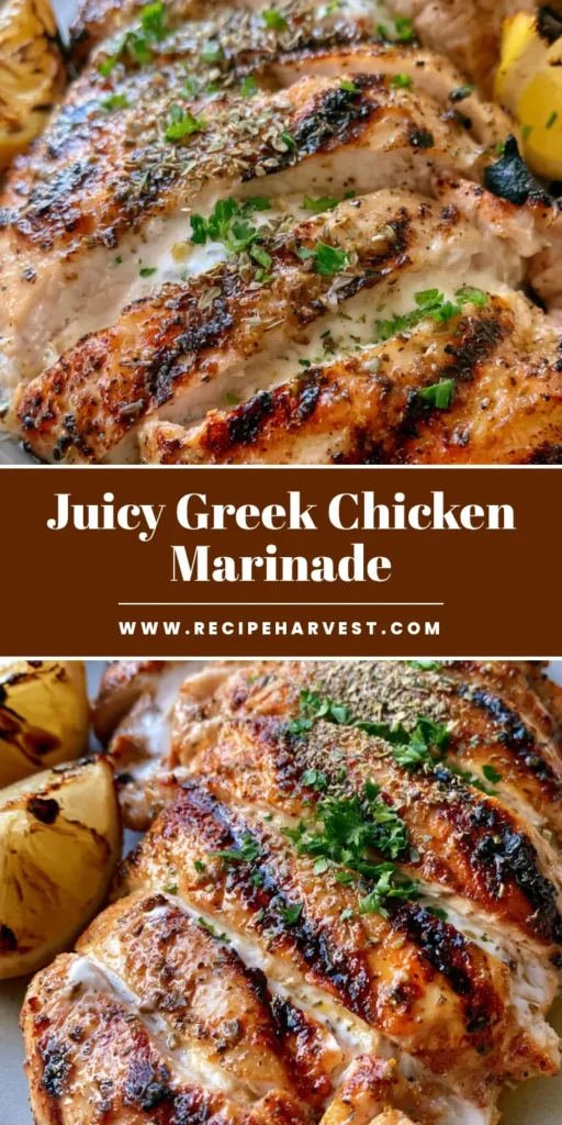 Sliced grilled chicken breast with distinct dark brown char marks, topped with dried oregano and fresh parsley on a ceramic plate. (Greek Chicken Marinade)
