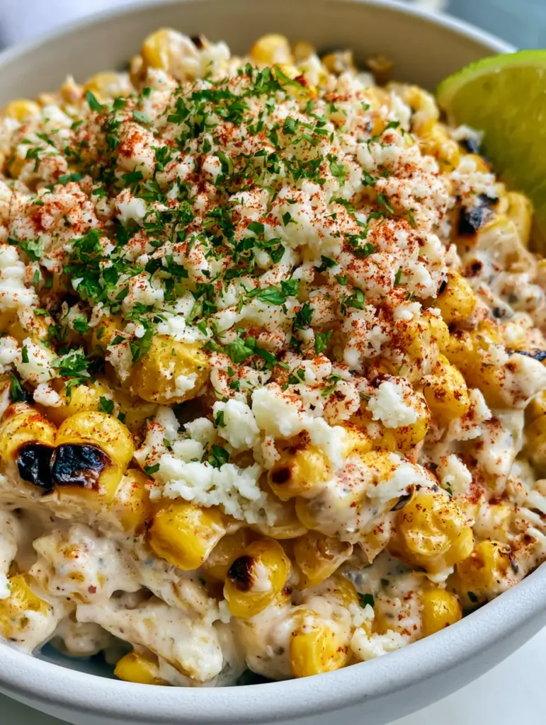 Mexican Street Corn Salad (The Ultimate Creamy & Charred Esquites) 1 Overhead view of Mexican Street Corn Salad garnished with cotija, cilantro, and a lime wedge.
